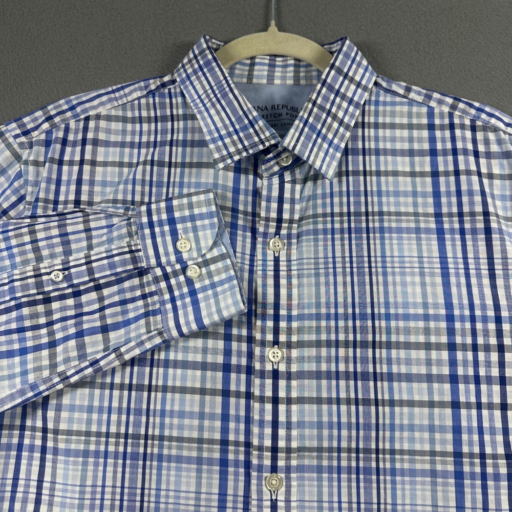 Banana Republic Grant Slim Fit Luxe Stretch Poplin Plaid Shirt Blue White M
